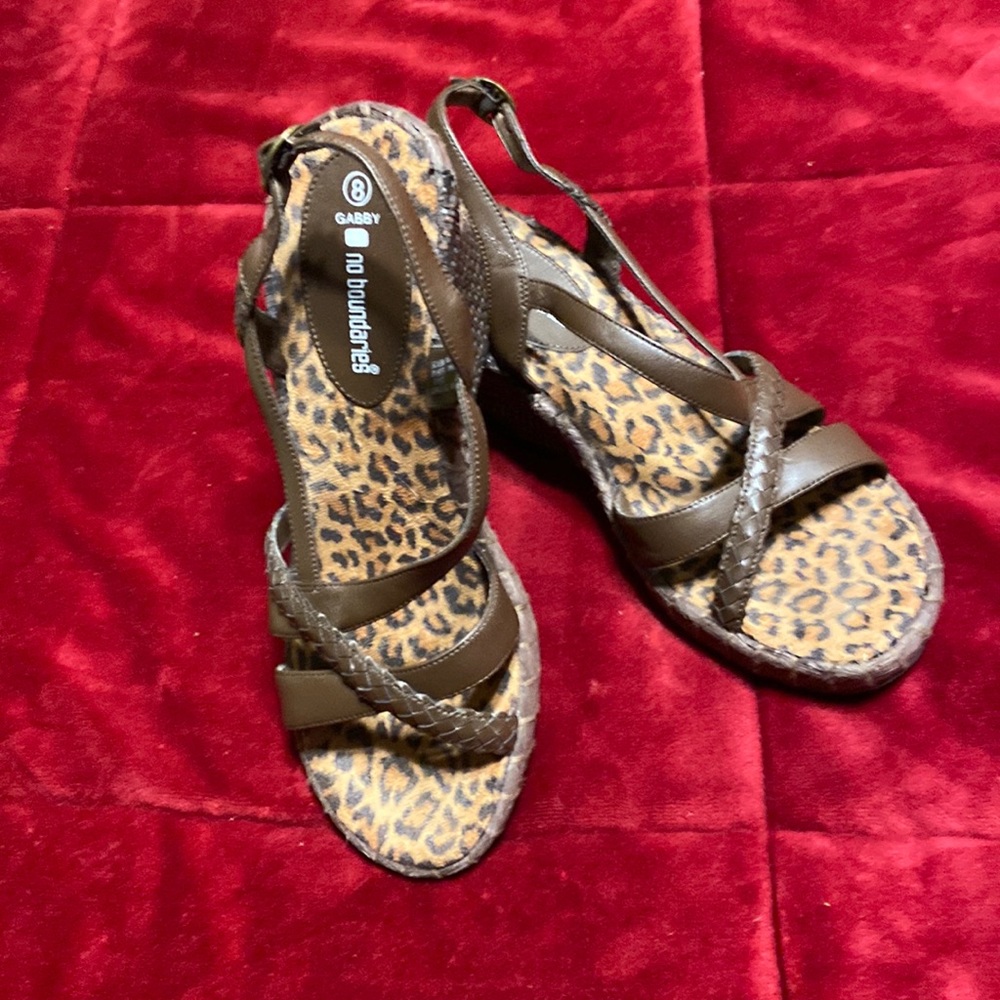 No Boundaries wedges, suede leopard lining, adjustable straps, weave look heel